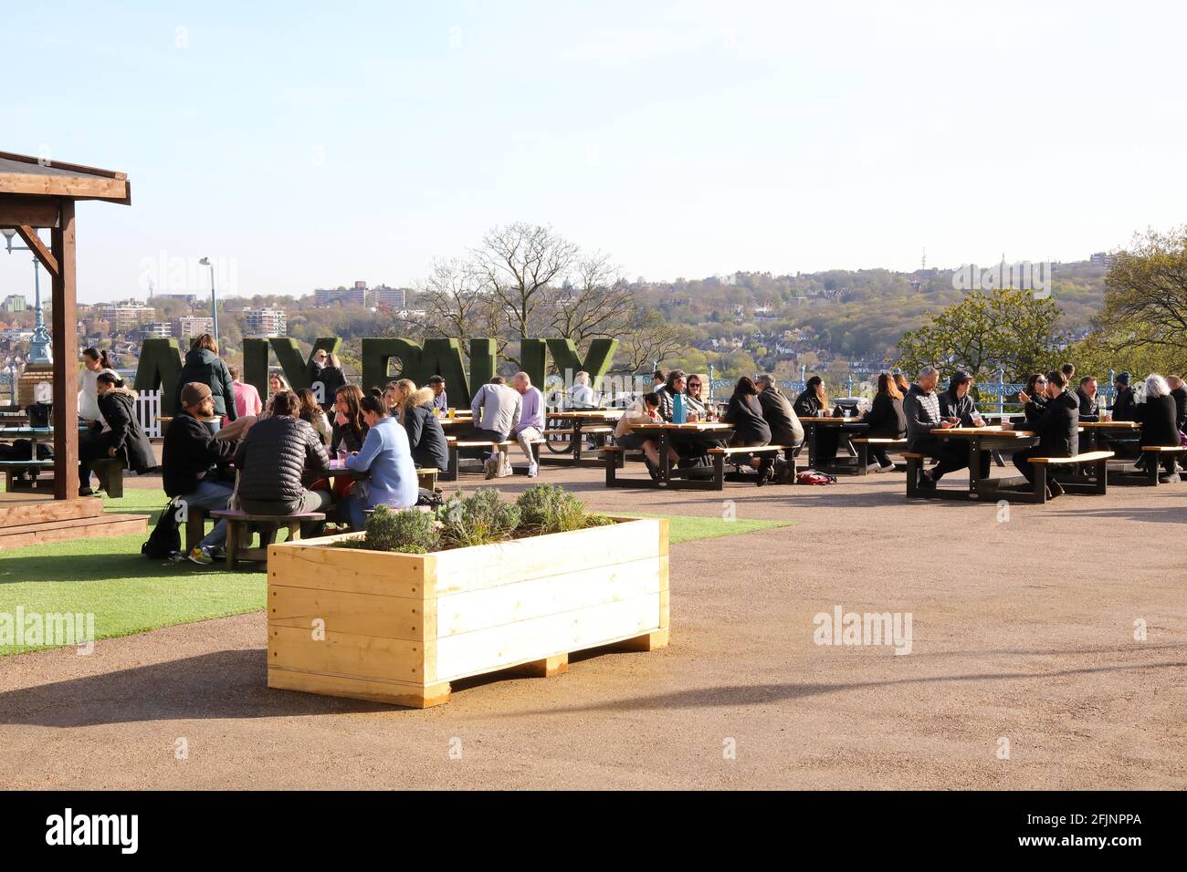 The Terrace at Alexandra Palace, Ally Pally's Covid-secure beer garden for  food and drink, in April 2021, in north London, UK Stock Photo - Alamy