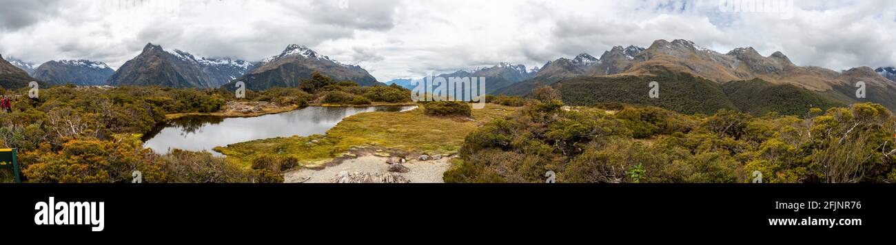Panoramic view of the Southern Alps at Key Summit, Fiordland National Park, South Island of New Zealand Stock Photo
