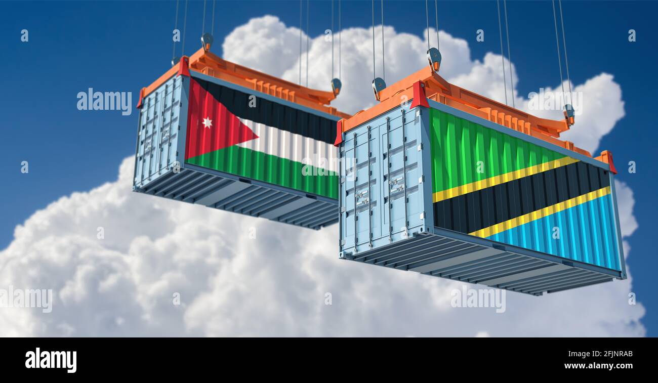 Freight containers with Jordan and Tanzania national flags. 3D Rendering Stock Photo