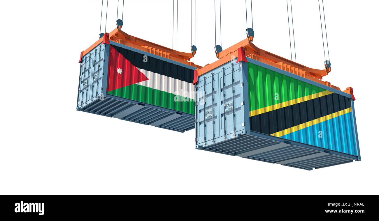 Freight containers with Jordan and Tanzania national flags. 3D Rendering Stock Photo