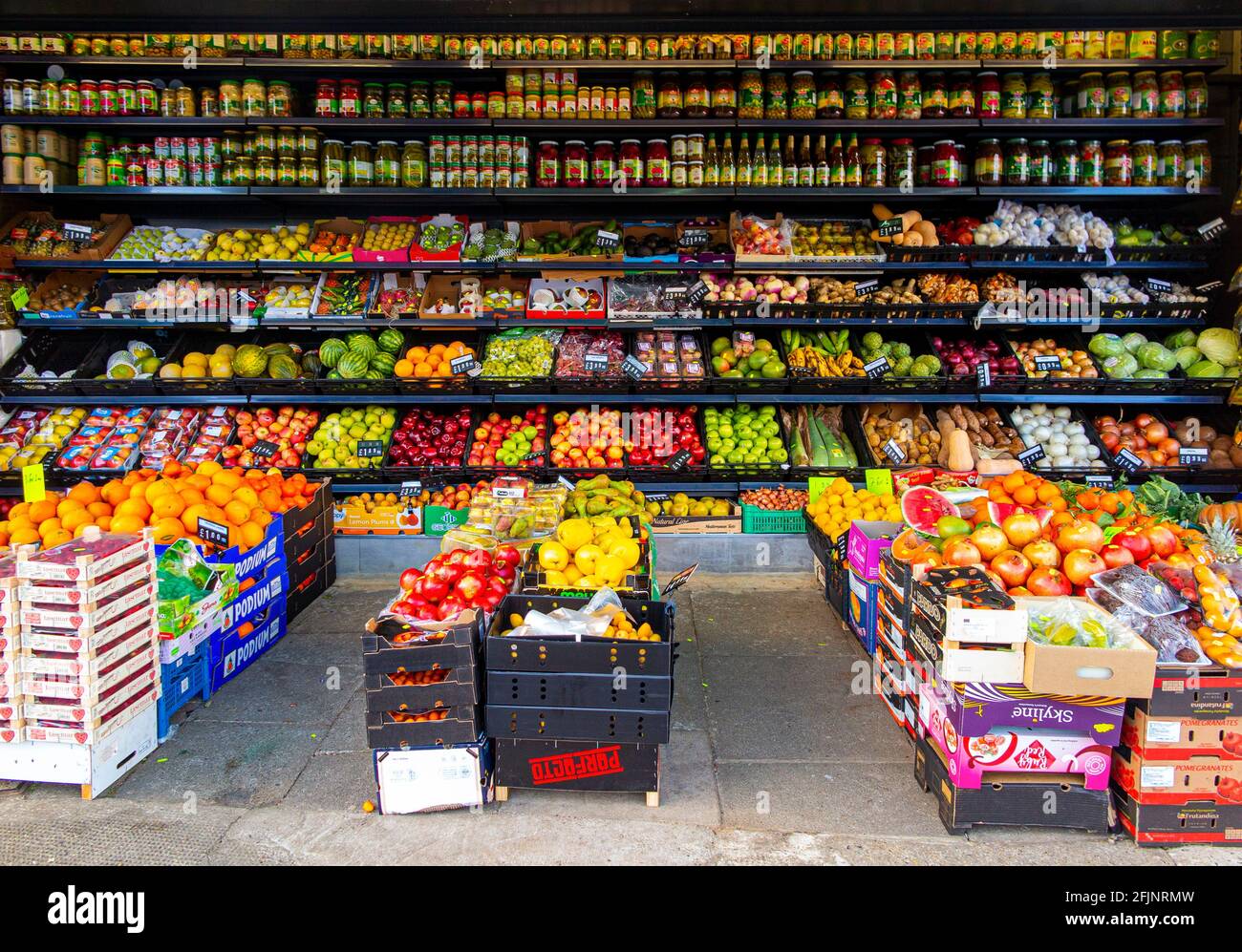 Fresh fruit and vegetables for sale in a greengrocers shop Stock Photo