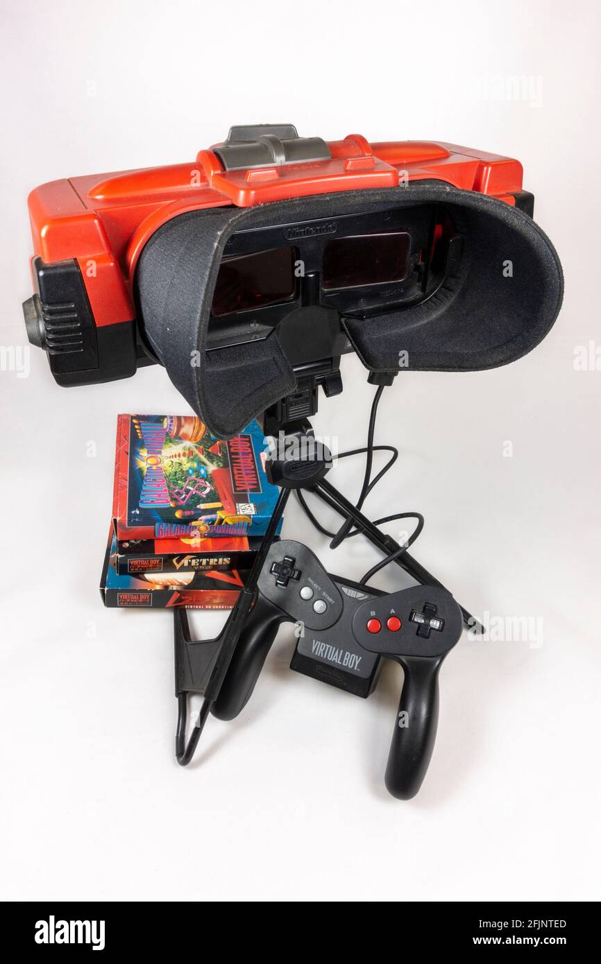 A Nintendo Virtual Boy table-top video game console with controller, first launched in Japan in 1995, (it did not launch in Europe). Stock Photo