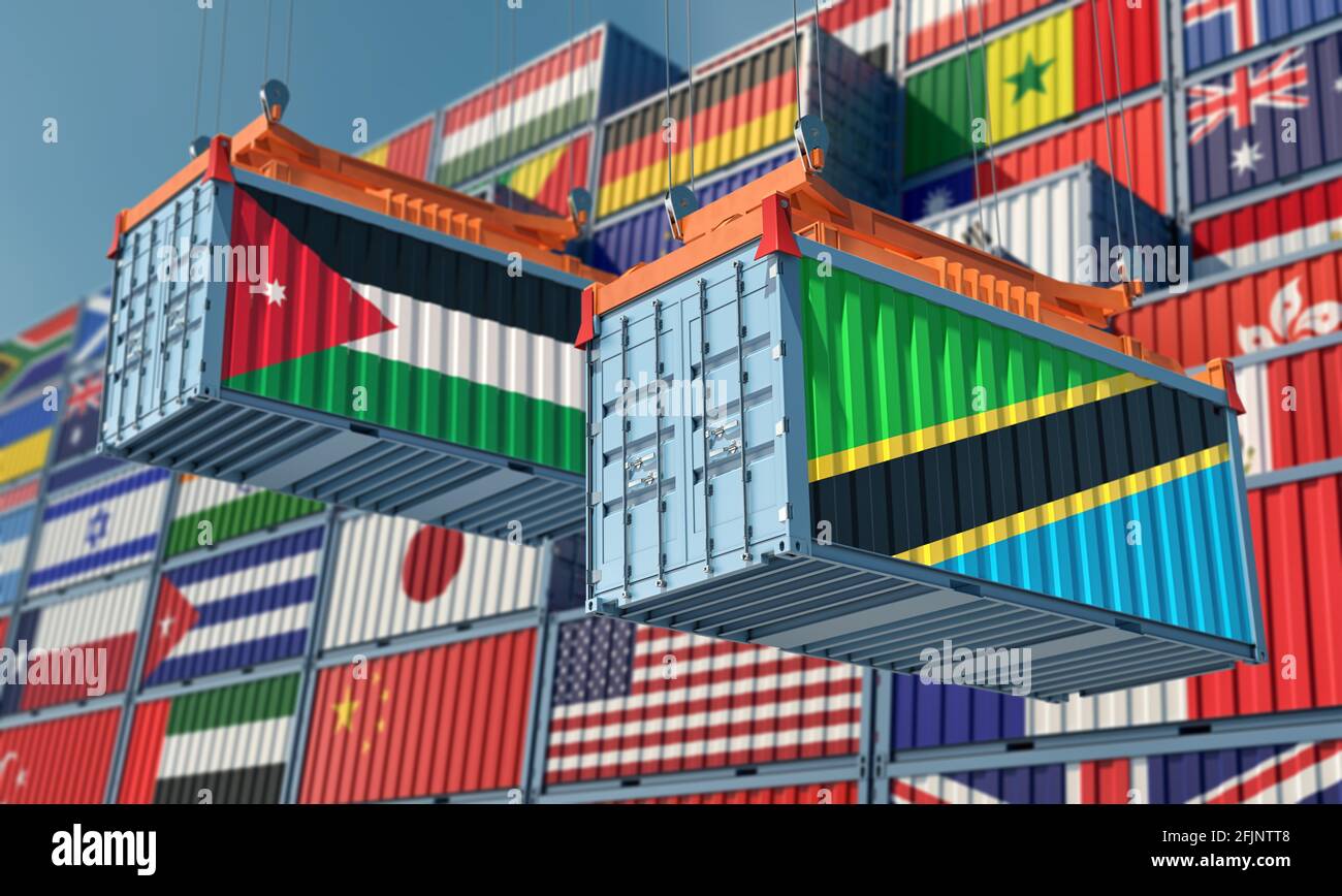 Freight containers with Jordan and Tanzania national flags. 3D Rendering Stock Photo