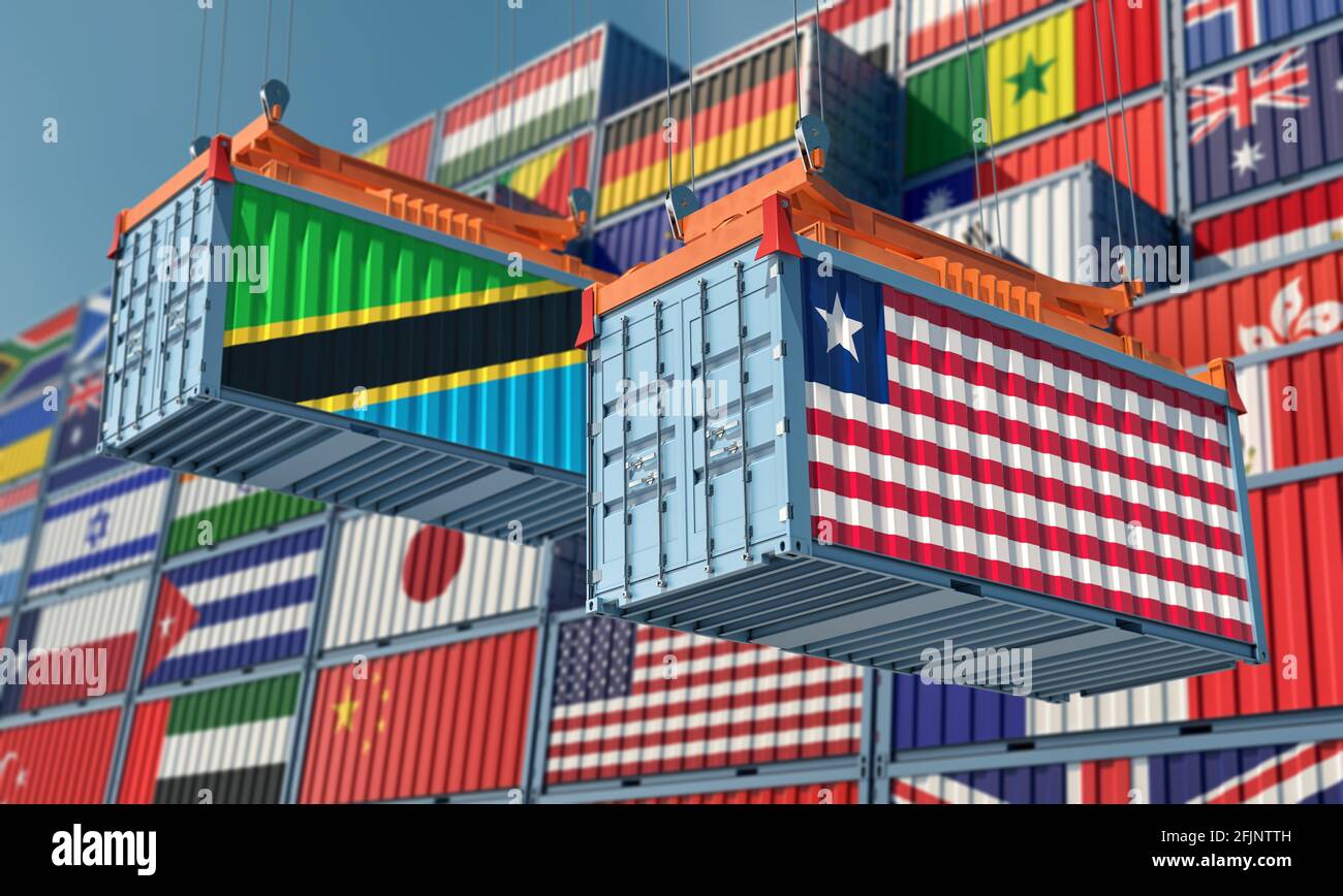 Freight containers with Liberia and Tanzania national flags. 3D