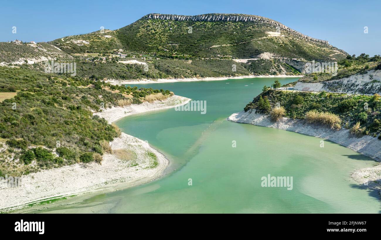 Aerial view of Korifi peak and Germasogeia water reservoir near Limassol, Cyprus Stock Photo