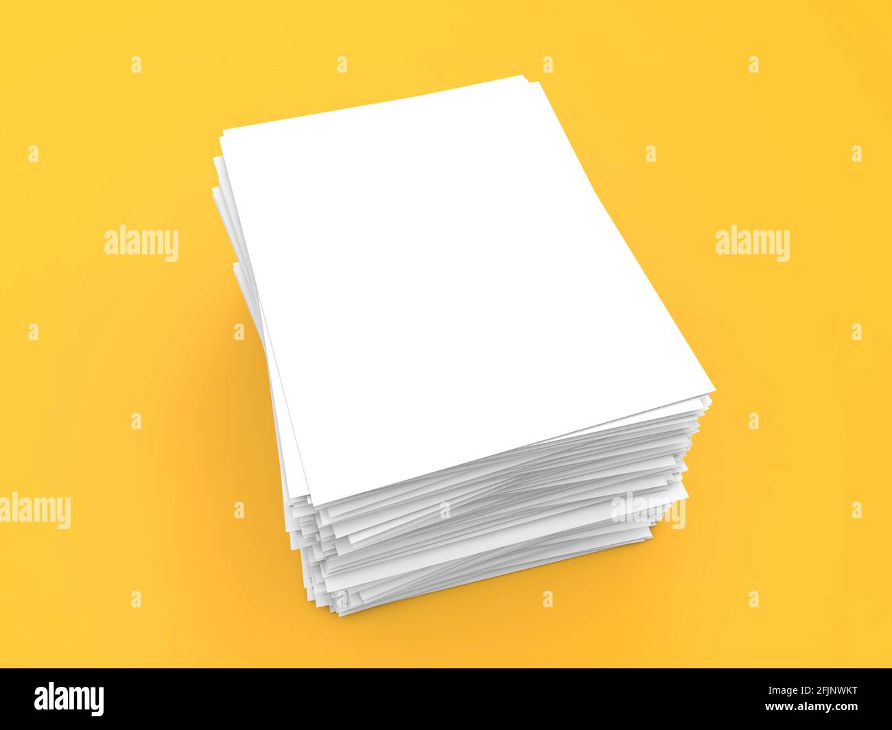 Stack of white sheets of A4 office paper on a yellow background. 3d render illustration. Stock Photo