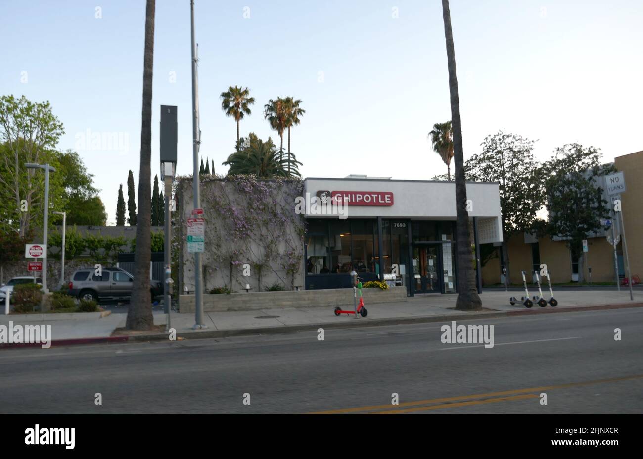 Los Angeles, California, USA 17th April 2021 A general view of atmosphere of Former All American Burger Location where Fast Times at Ridgemont High Filmed at, now a Chipotle at 7660 Sunset Blvd on April 17, 2021 in Los Angeles, California, USA. Photo by Barry King/Alamy Stock Photo Stock Photo