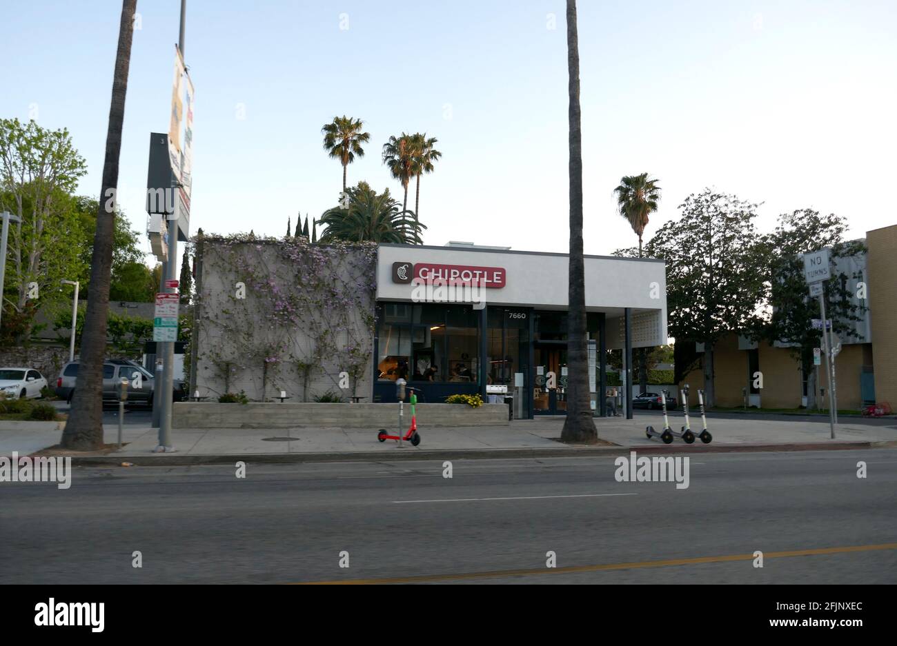 Los Angeles, California, USA 17th April 2021 A general view of atmosphere of Former All American Burger Location where Fast Times at Ridgemont High Filmed at, now a Chipotle at 7660 Sunset Blvd on April 17, 2021 in Los Angeles, California, USA. Photo by Barry King/Alamy Stock Photo Stock Photo