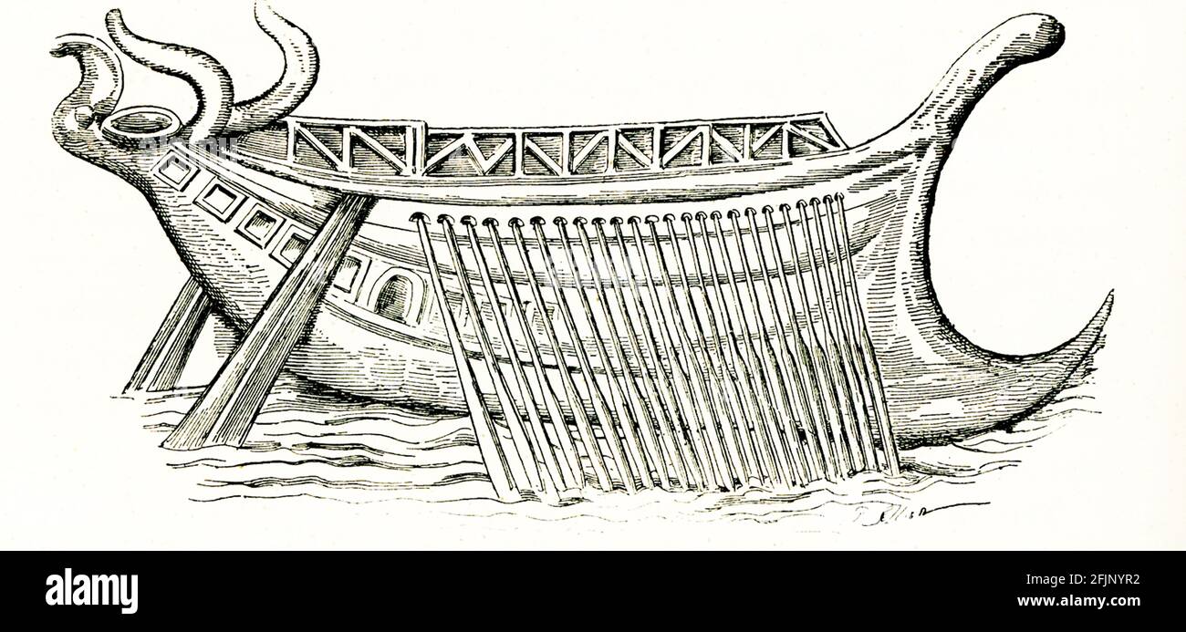 Long Ship with 50 oars from mosaic found near Pozzuoli. Roman warships (naves longae) derived from Greek galley designs. In the ocean-going fleets, the three main designs were trireme, quadrireme, and quinquereme. During the Republic, the quinquereme was the standard ship. After the battle of Actium at the start of the Empire, the trireme became the main ship. Pozzuoli was an ancient seaside  town probably best known for its bradyseism, a raising and lowering of the Earth’s surface due to underground volcanic activity. Stock Photo