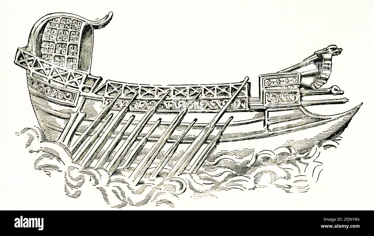 The caption for this 1884 illustration reads: “Bireme called Imperial Galley from Trajan's Column.” Furnished with two banks of oars, which is the more common use of the term “bireme”, this ancient Roman vessel of war had two lines of oars on each side, placed in a diagonal position one above the other, as in the example here from Trajan’s Column in Rome (erected 106-113 A.D.) - the bireme called the Imperial Galley. Stock Photo