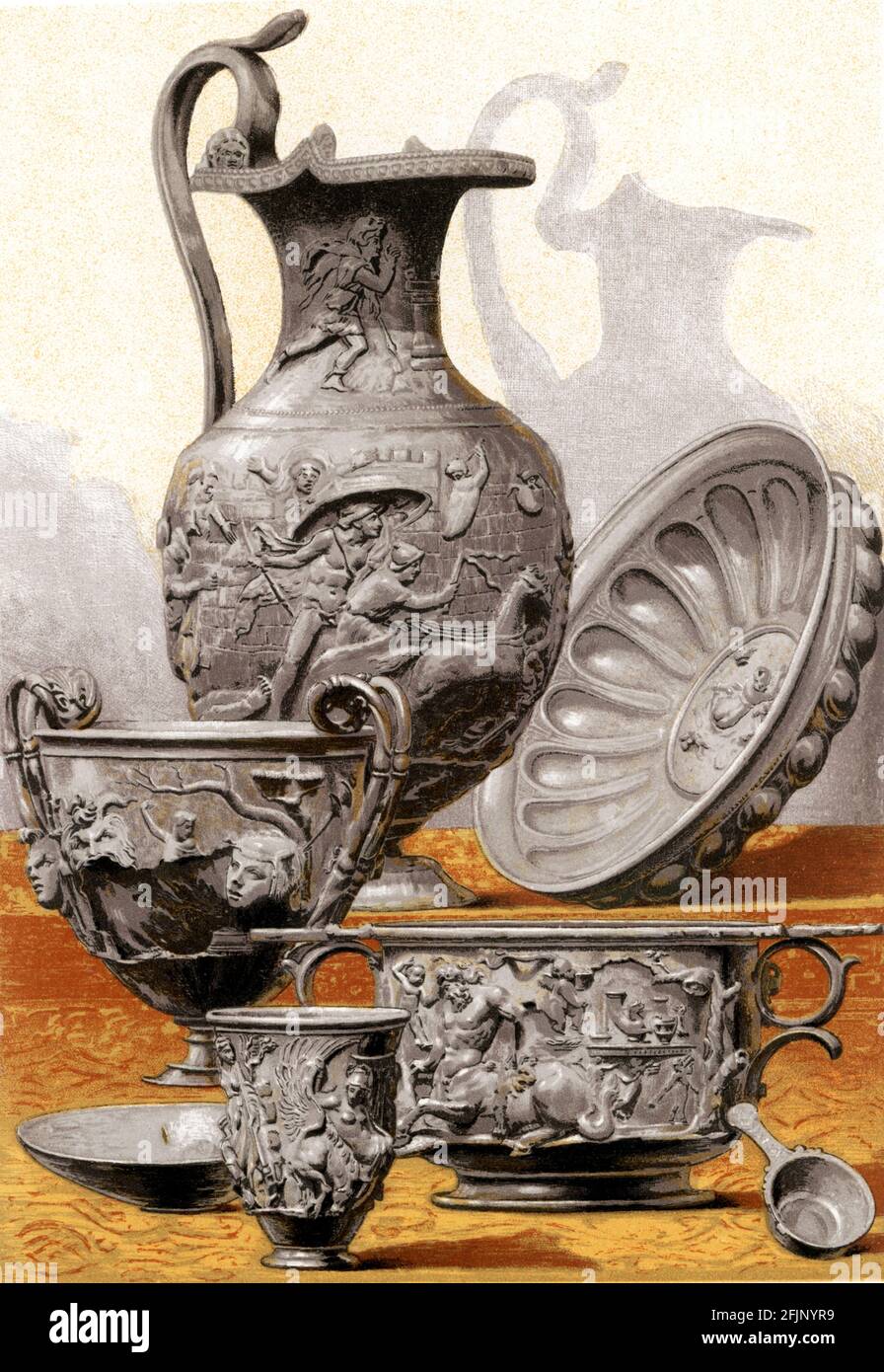 This 1884 illustration shows Silver Vases found at Bernay. Accidentally discovered by a French farmer in 1830 in the village of Berthouville, near the French town of Bernay, the spectacular hoard of gilt-silver statuettes and vessels known as the Berthouville Treasure was originally dedicated to the Gallo-Roman god Mercury. They date from 100 BC to 200 AD, Stock Photo