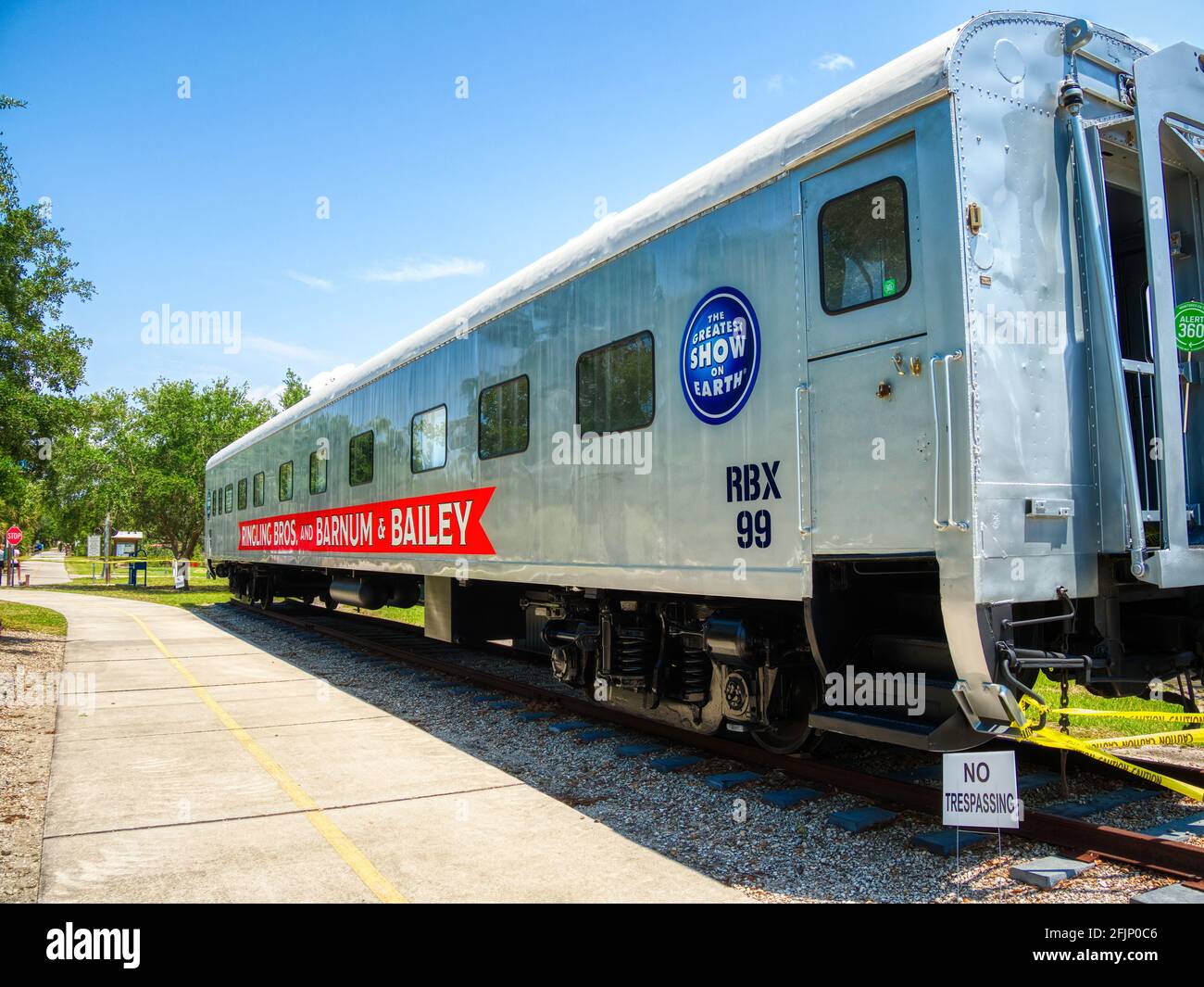 A restored sleeping car that once belonged to Ringling Bros. and Barnum & Bailey Circus at the 1927 Historic Venice Train Depot in Venice Florida USA Stock Photo