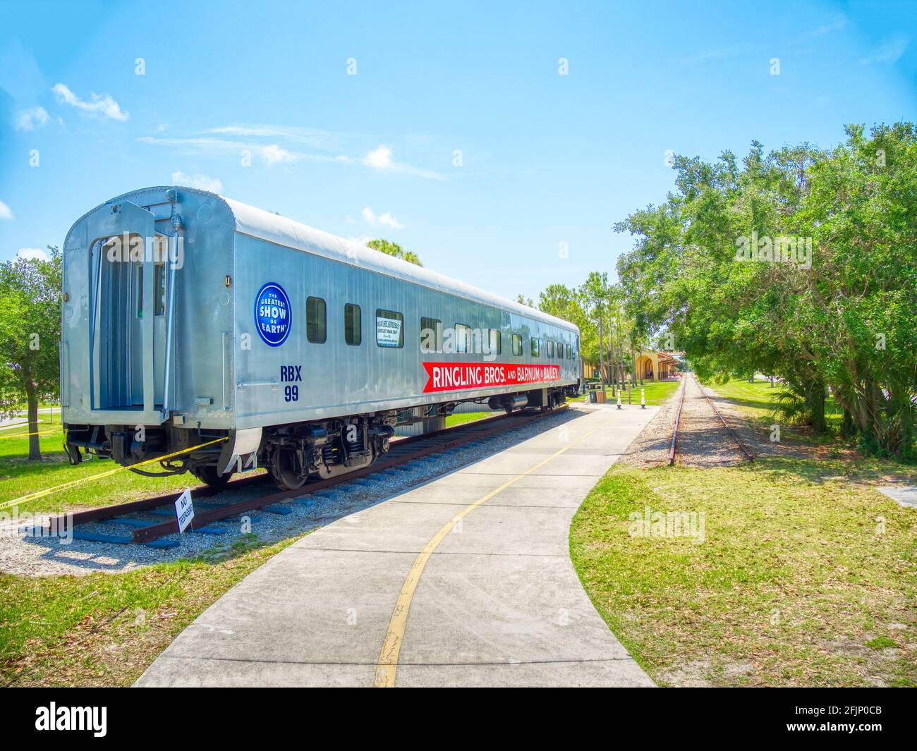 A restored sleeping car that once belonged to Ringling Bros. and Barnum & Bailey Circus at the 1927 Historic Venice Train Depot in Venice Florida USA Stock Photo