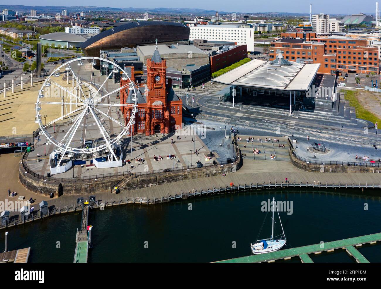 Aerial view of the landmarks of Cardiff Bay, Wales including the Welsh