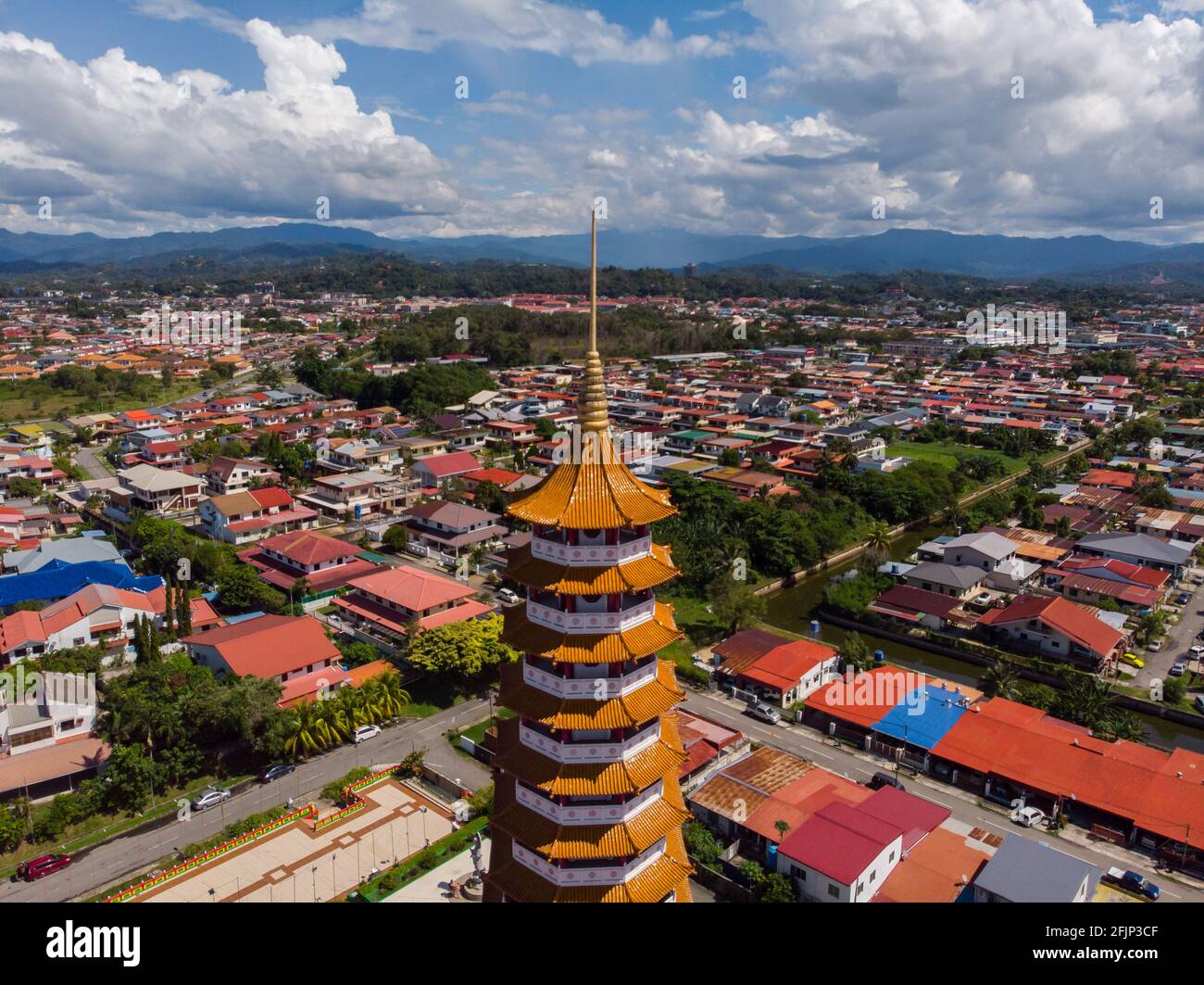 Aerial view image of Chinese Temple Peak Nam Toong Pagoda located in the city of Kota Kinabalu, Sabah, Malaysia. Stock Photo