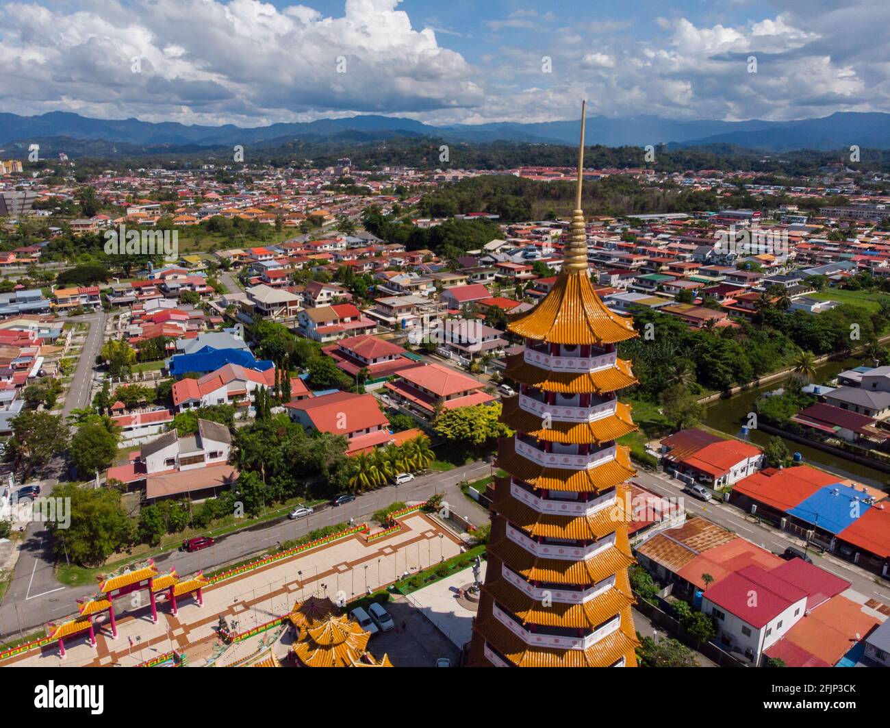 Aerial view image of Chinese Temple Peak Nam Toong Pagoda located in the city of Kota Kinabalu, Sabah, Malaysia. Stock Photo