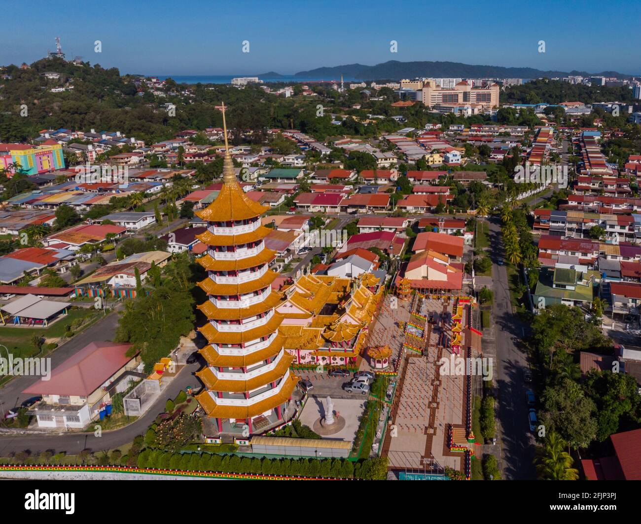 Aerial view image of Chinese Temple Peak Nam Toong Pagoda located in the city of Kota Kinabalu, Sabah, Malaysia. Stock Photo