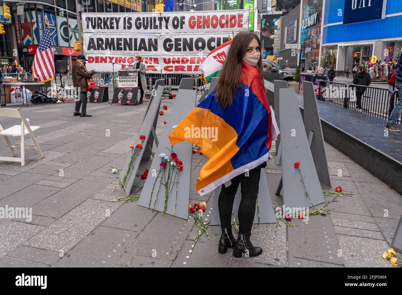 NEW YORK, NY APRIL 25 Linda Khalatyan stands wrapped in Armenian