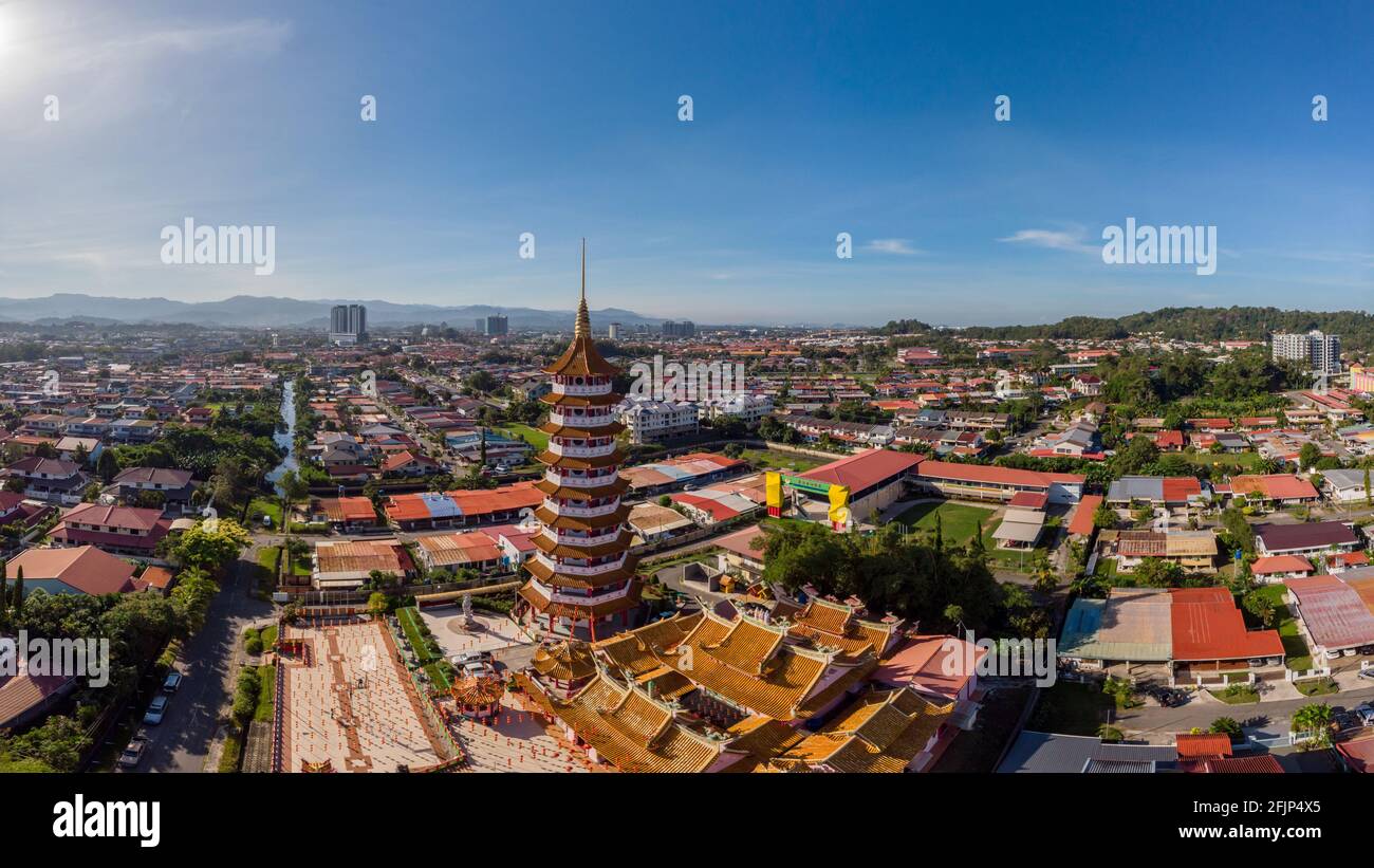 Aerial view image of Chinese Temple Peak Nam Toong Pagoda located in the city of Kota Kinabalu, Sabah, Malaysia. Stock Photo