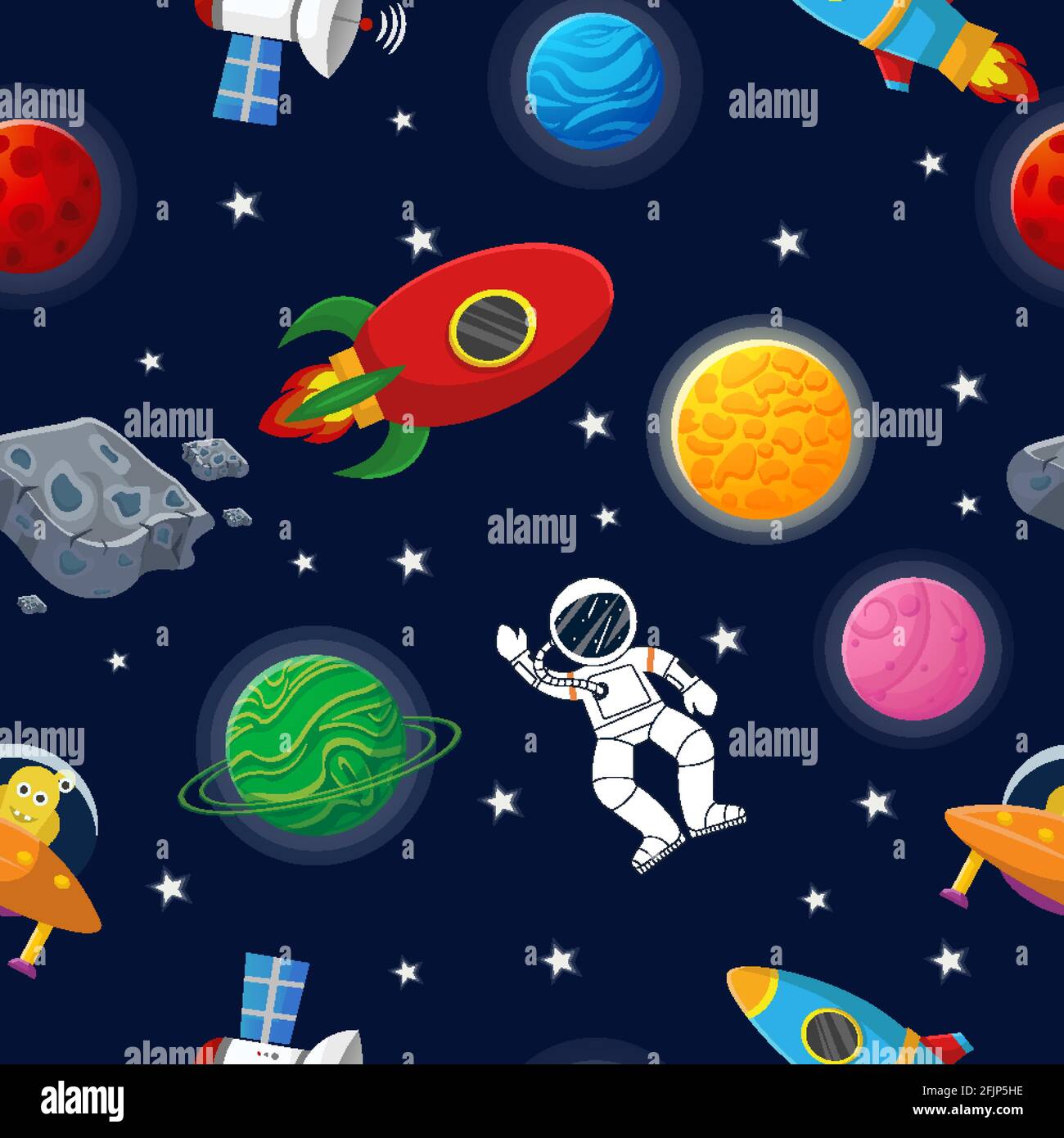 Galaxy seamless pattern design. Astronaut with rocket and alien in the open  space Cute design for kids fabric and wrapping paper. Flat cartoon style f  Stock Vector Image & Art - Alamy