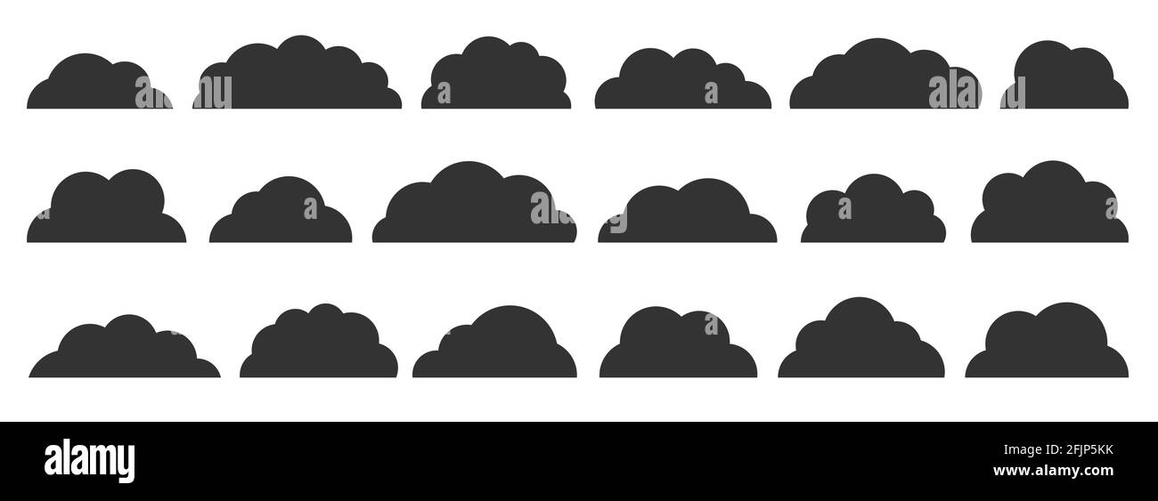 Black flat vector cloud set. Clouds cartoon symbols on white background ...