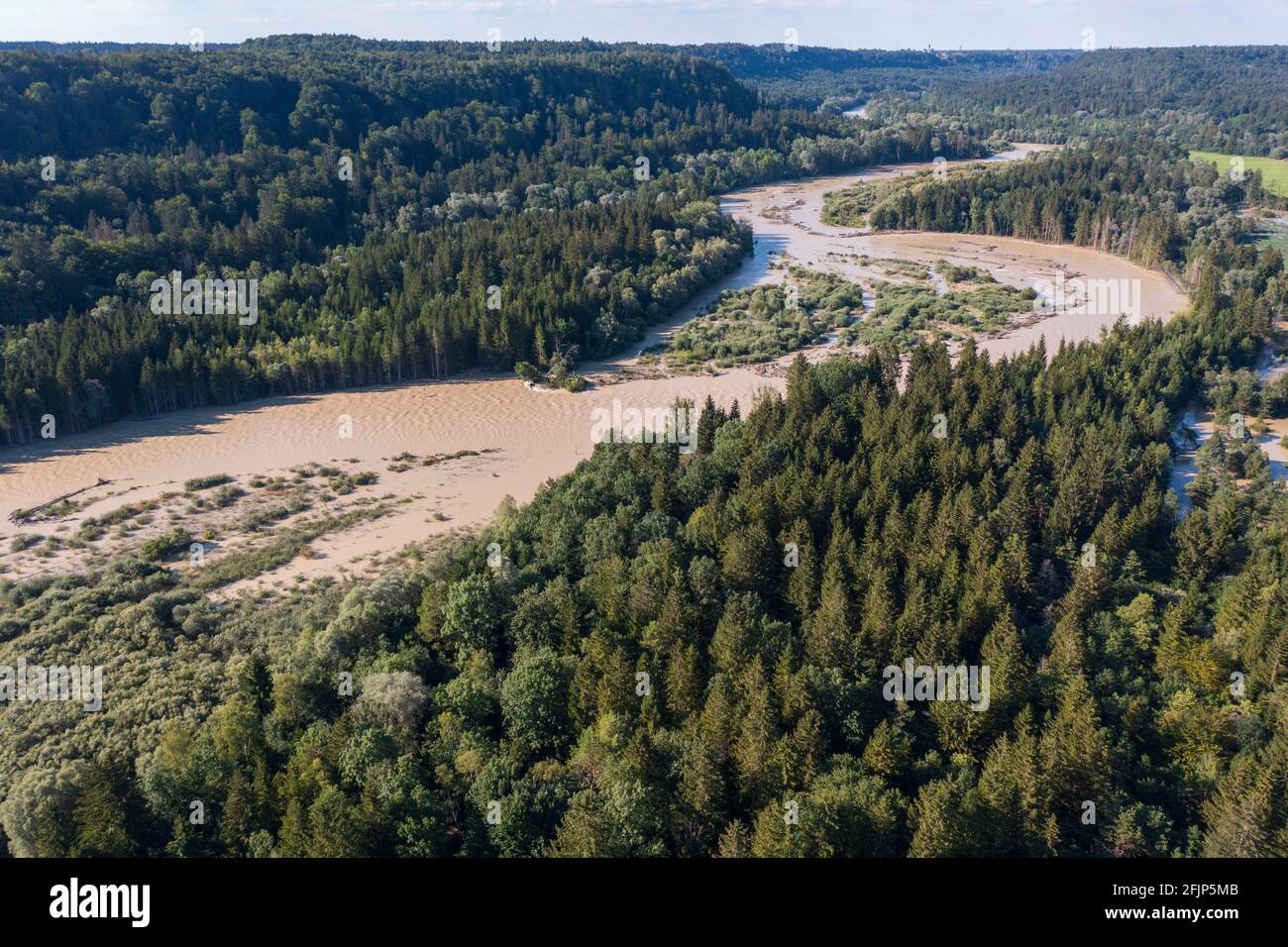 Isar at high water, Isarauen near Schaeftlarn, drone image, Upper Bavaria, Bavaria, Germany Stock Photo