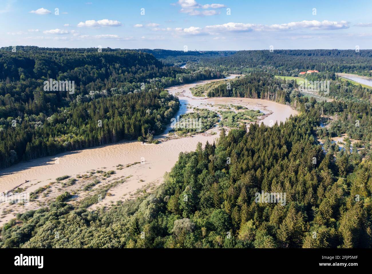 Isar at high water, Isarauen near Schaeftlarn, drone image, Upper Bavaria, Bavaria, Germany Stock Photo