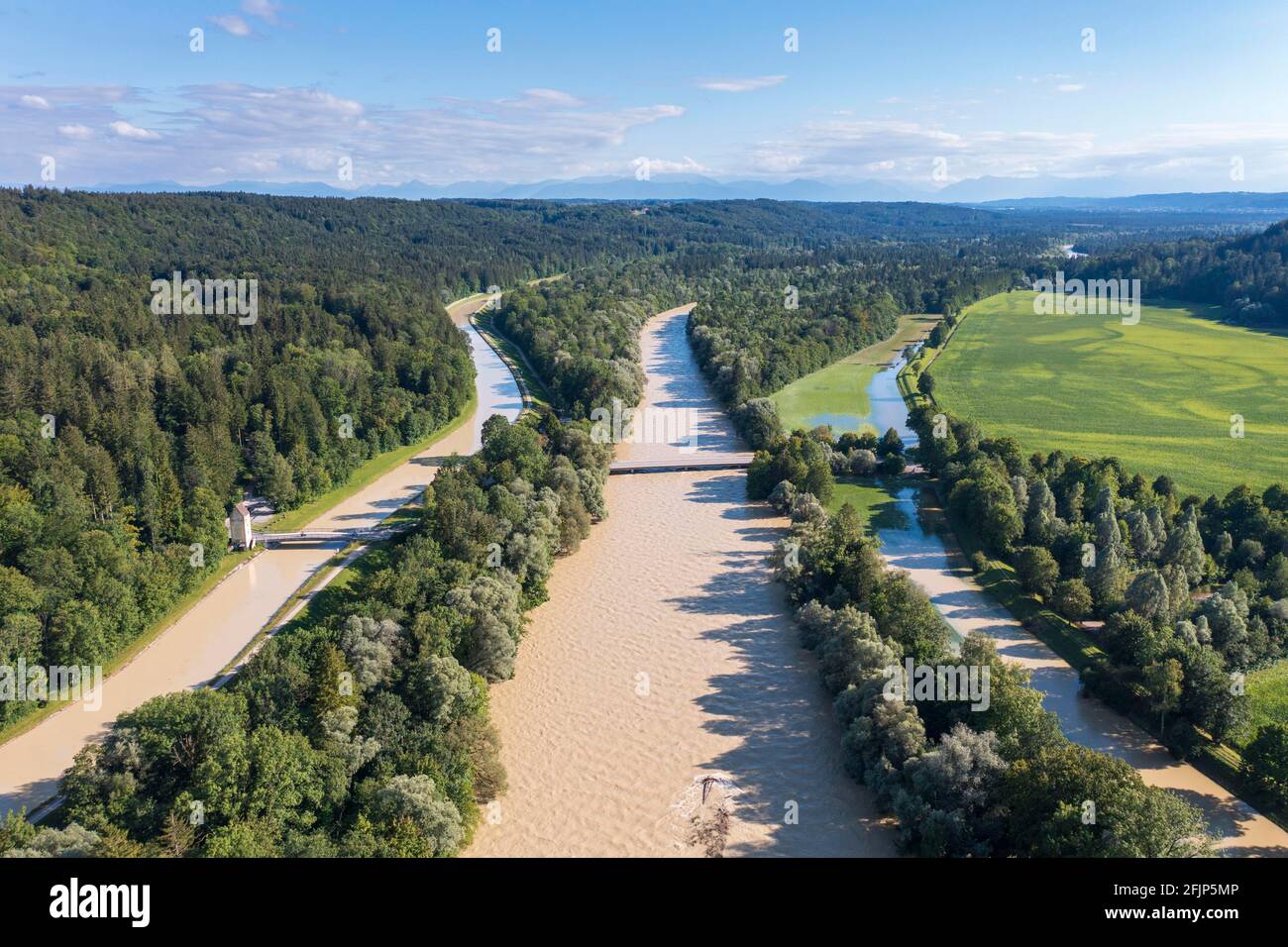 Bridge over Isar and Isarwerkkanal at high water, Isarauen near Schaeftlarn, drone image, Upper Bavaria, Bavaria, Germany Stock Photo