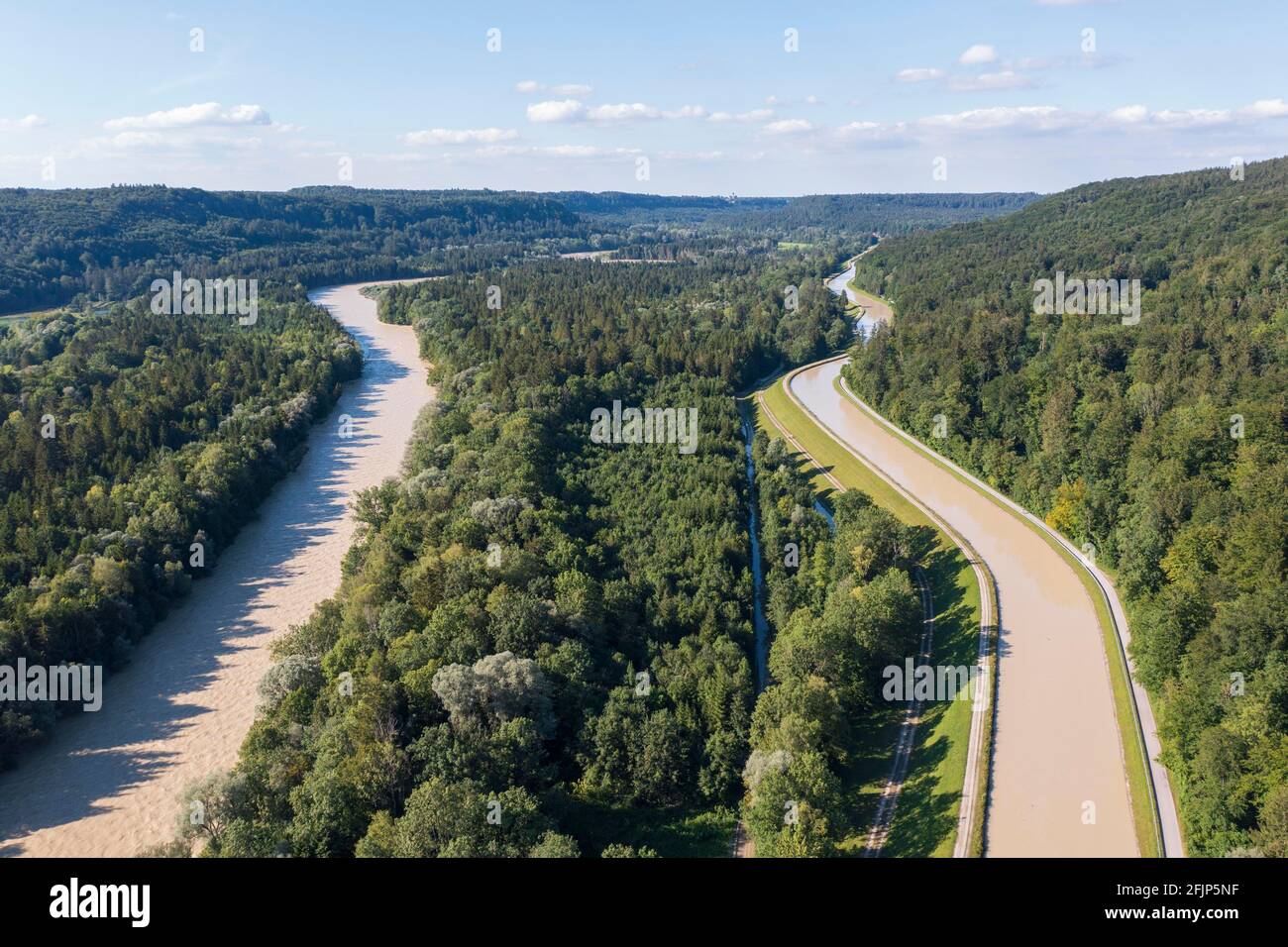 Isar and Isarwerkkanal at high water, Isarauen near Schaeftlarn, drone image, Upper Bavaria, Bavaria, Germany Stock Photo