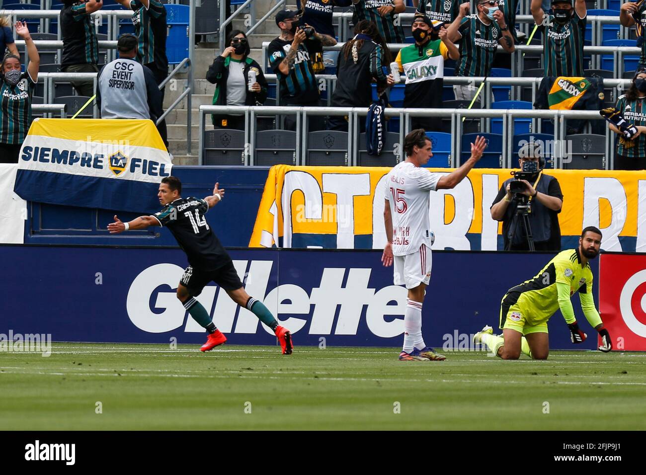 Carson, California, USA. 25th Apr, 2021. LA Galaxy forward Javier ''Chicharito'' Hernandez (14) celebrates his gaol against the New York Red Bulls during the first half of an MLS soccer match, Sunday, April 25, 2021, in Carson, Calif. Credit: Ringo Chiu/ZUMA Wire/Alamy Live News Stock Photo