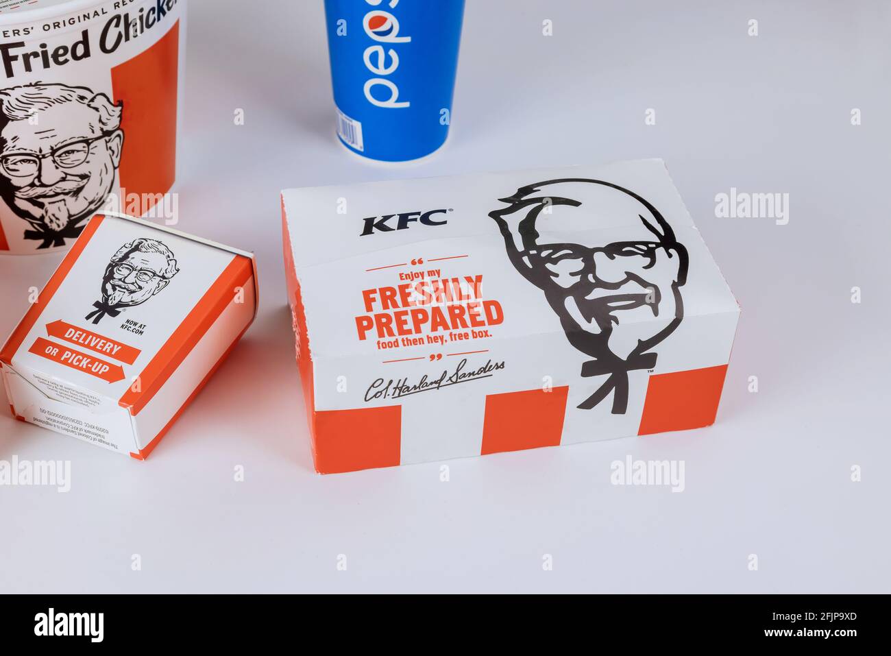 Kentucky Fried Chicken on set food box KFC famous fast food restaurant