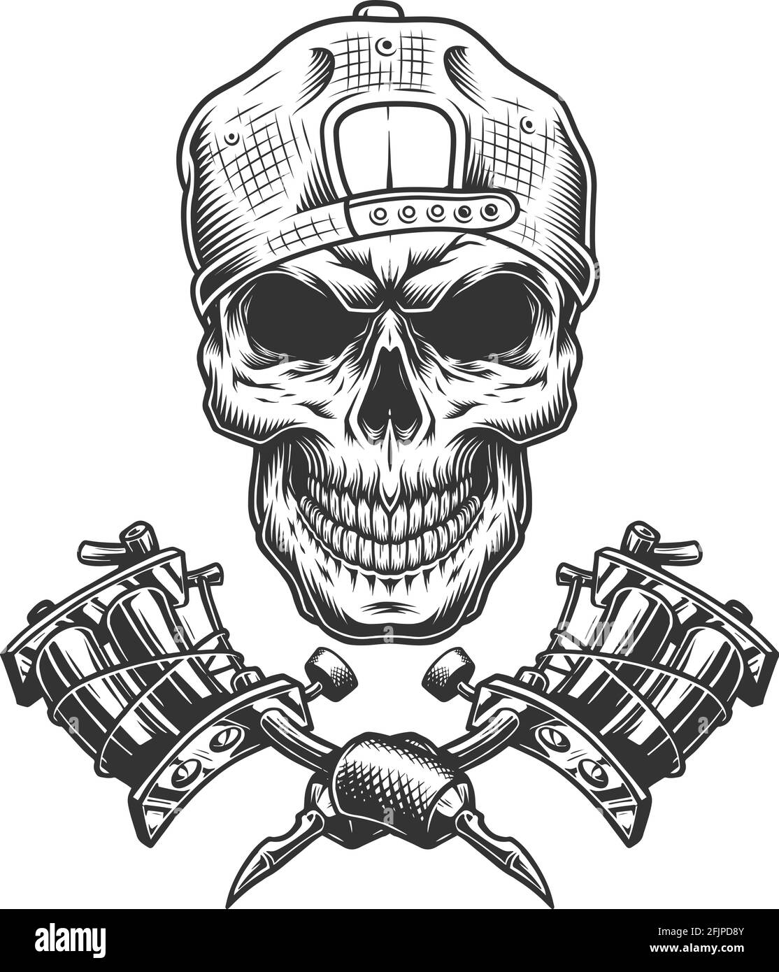 Vintage tattoo master skull in cap with crossed tattoo machines isolated  vector illustration Stock Vector Image & Art - Alamy