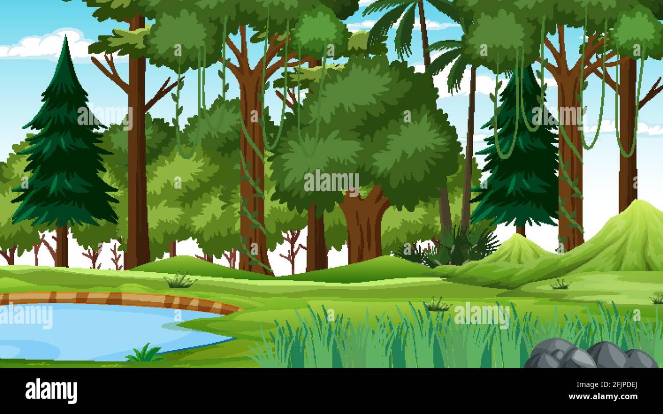 Forest nature scene with pond and many trees at day time illustration ...