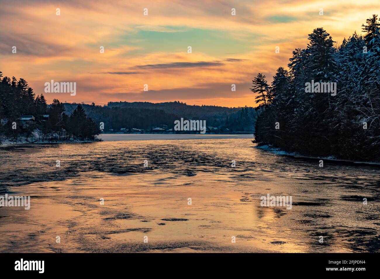 Majestic sunrise over the Gatineau River, December 2019 Stock Photo