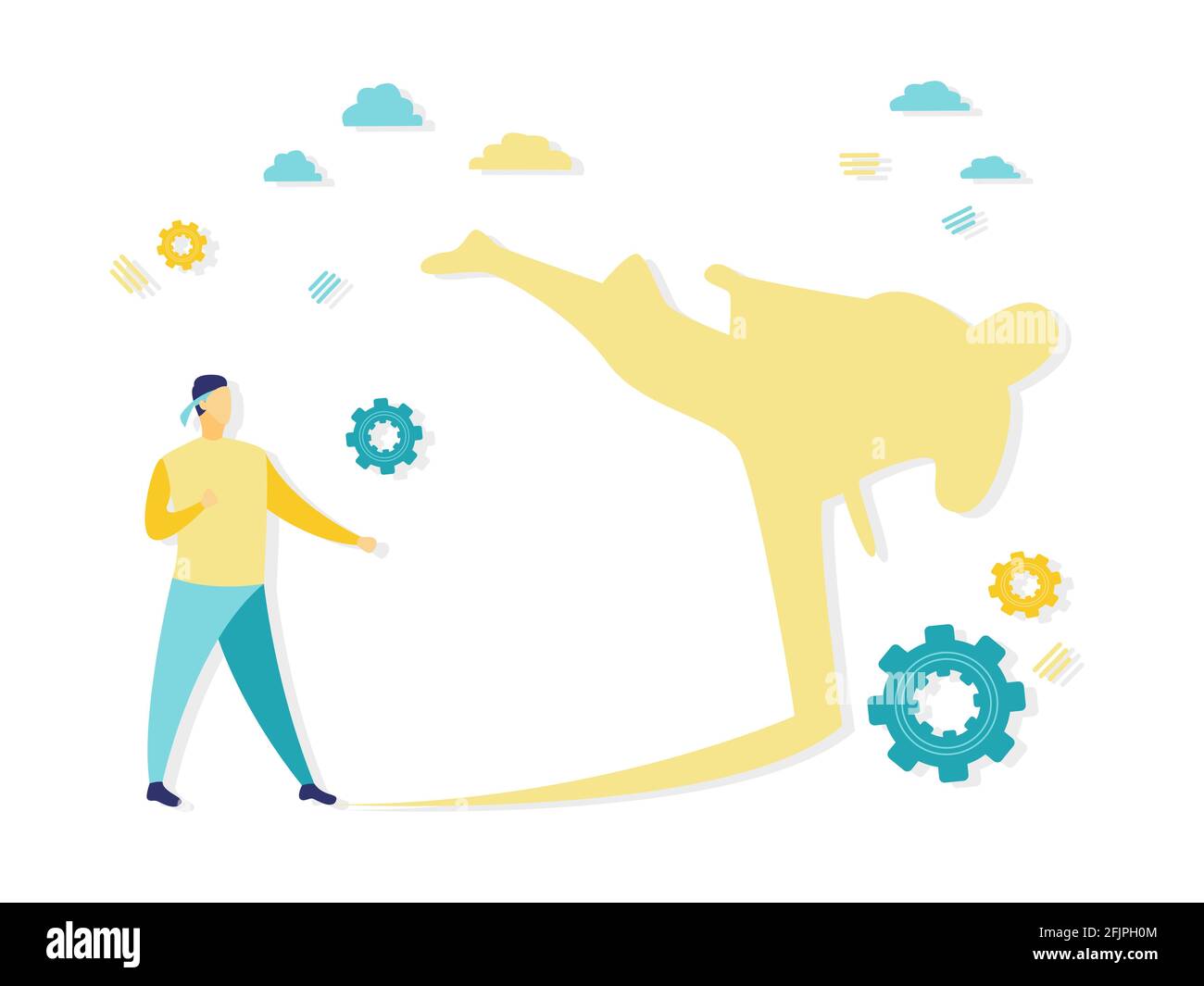 Flat illustration of young karate man confronting with his own shadow. Simple illustration in blue and yellow color. Business and finance concepts. Stock Vector