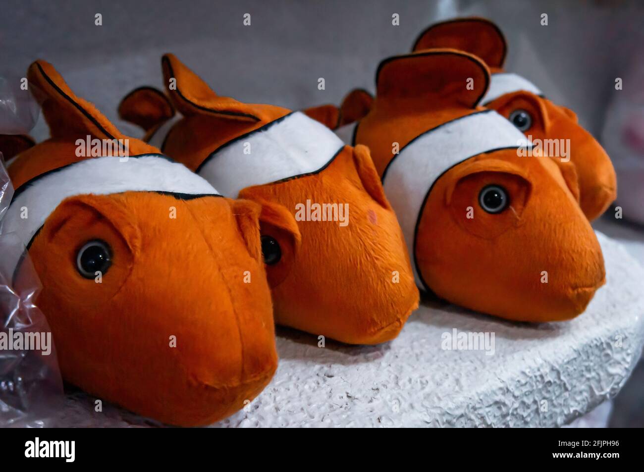 A shelf with Ocellaris clownfish plushes for sale inside the gift and souvenir shop of Sao Paulo aquarium. Stock Photo