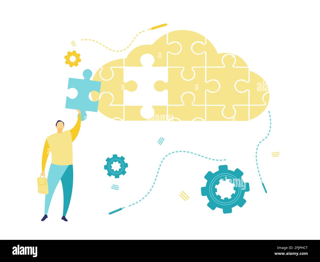 Flat illustration of a businessman holding a jigsaw puzzle to arrange in the cloud. Concept of cloud computing with jigsaw puzzle. Business concept Stock Vector