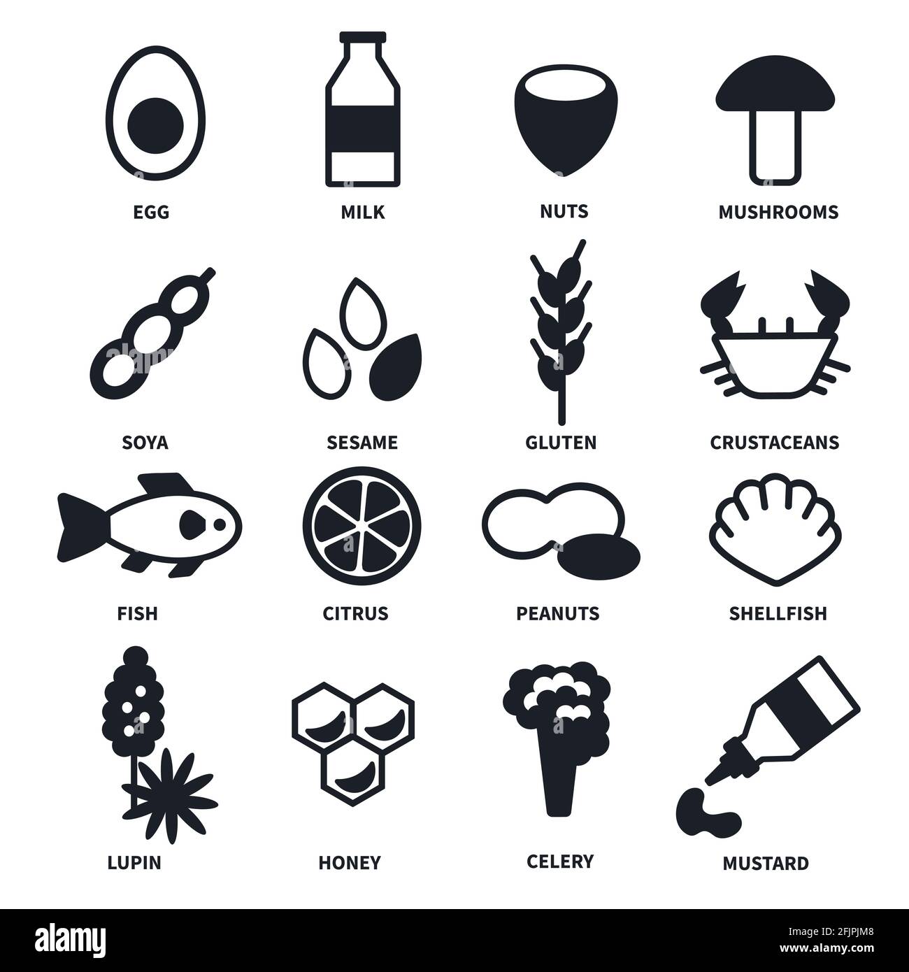 Large set of black and white icons with the main allergens in food Stock Vector