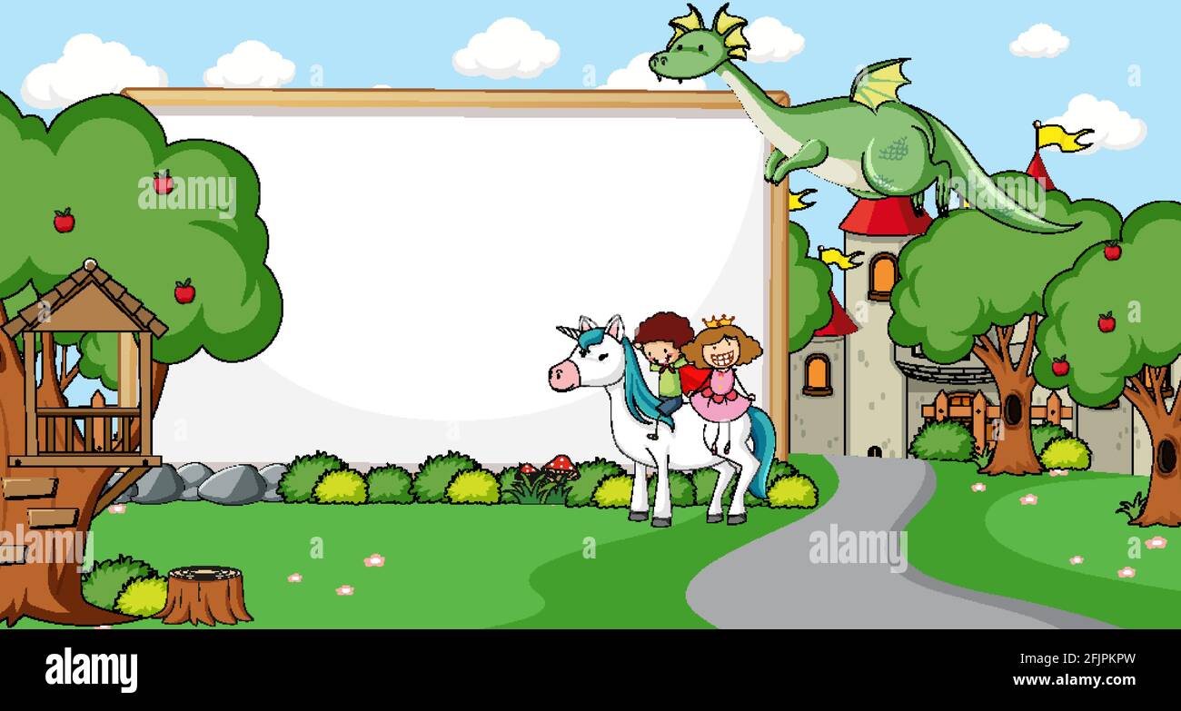 Blank banner in the forest scene with fairy tales cartoon character and ...