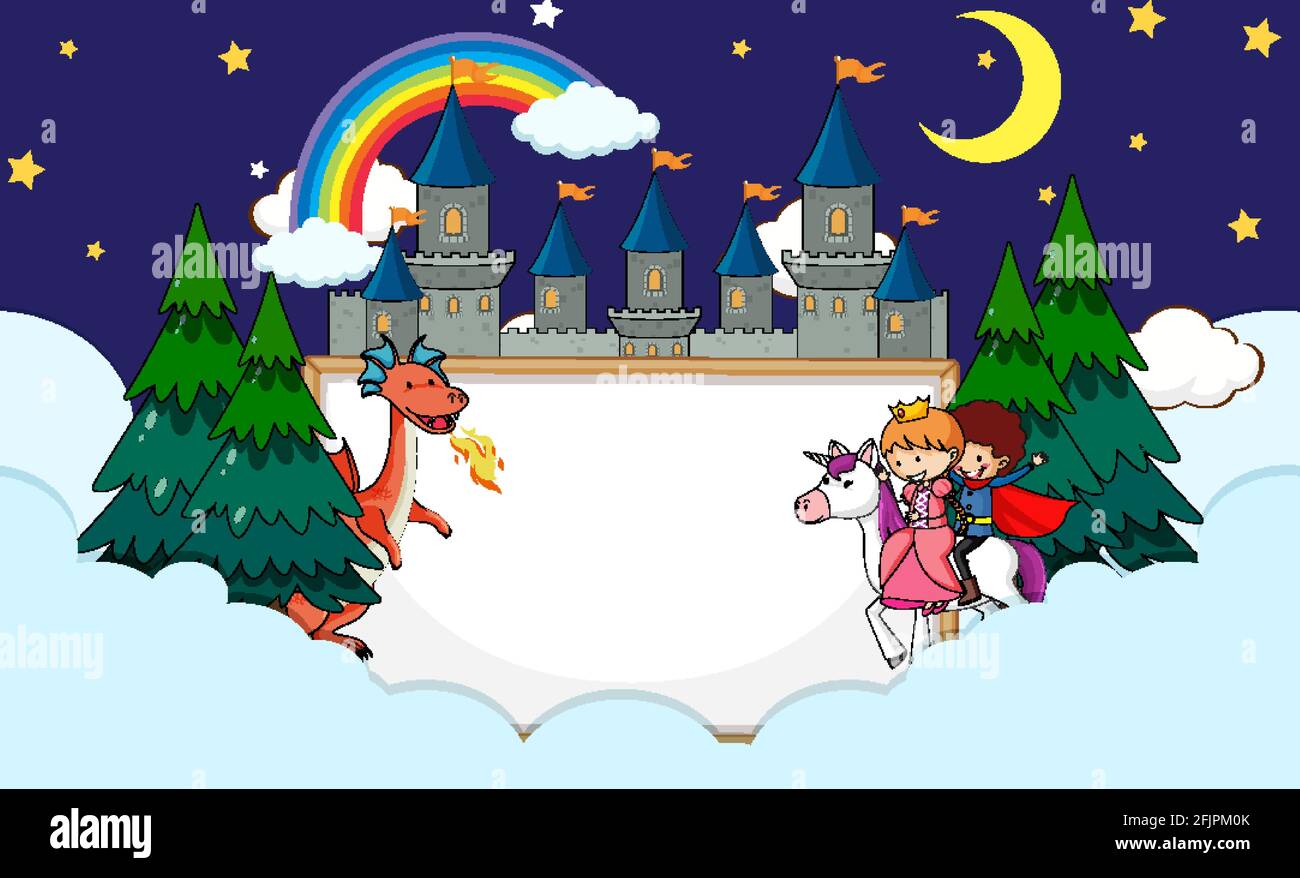 Empty banner in the night sky with fairy tale cartoon character and ...
