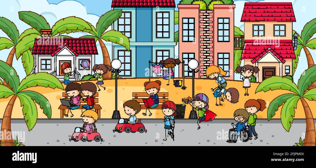 Outdoor scene with many kids playing in the park illustration Stock ...