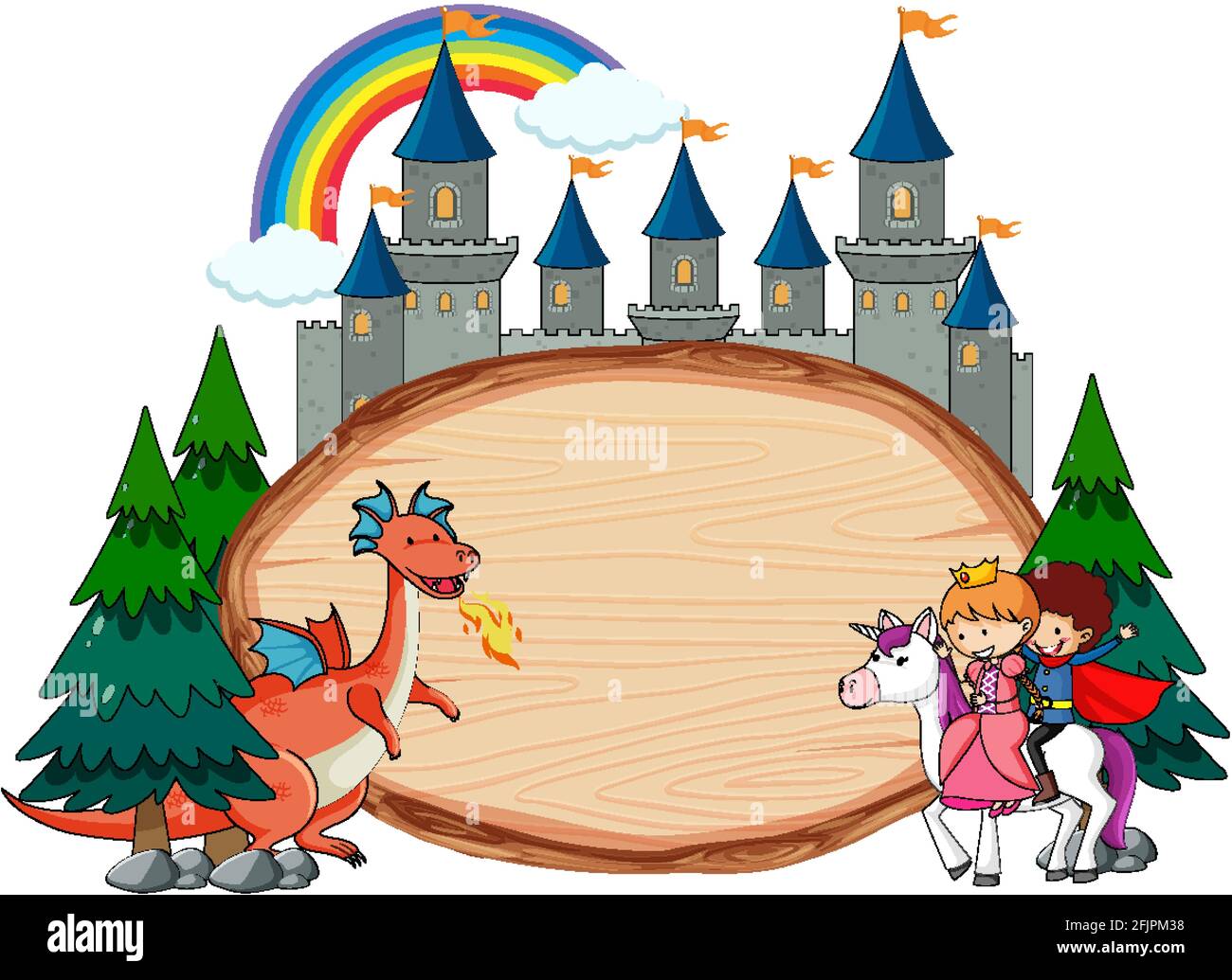 Blank wooden banner with fairy tale cartoon character and elements ...