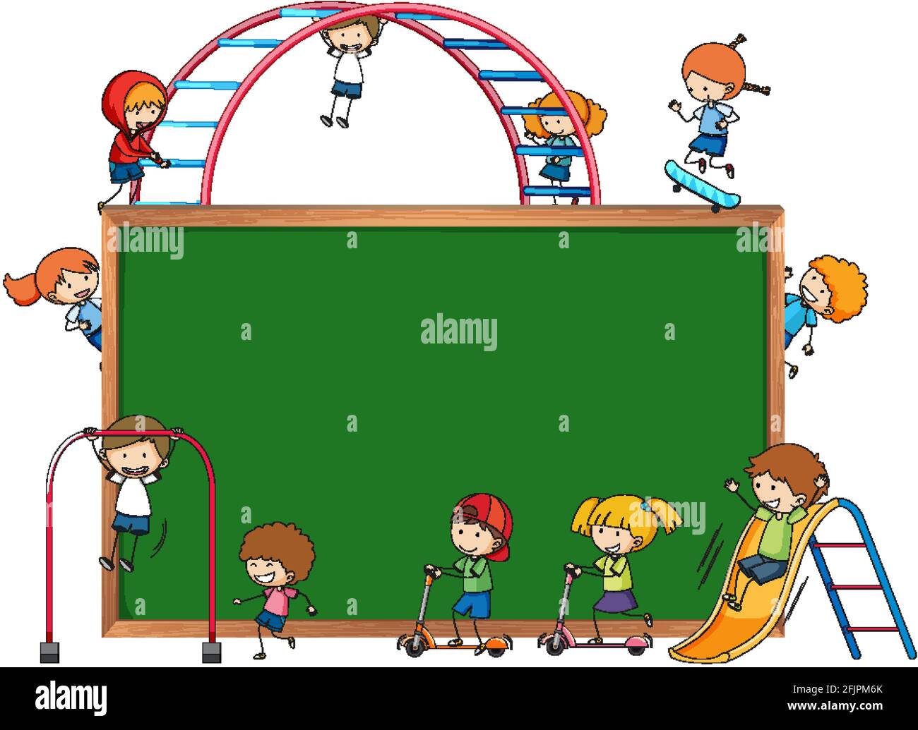 Empty Blackboard With Many Kids Doodle Cartoon Character Isolated ...