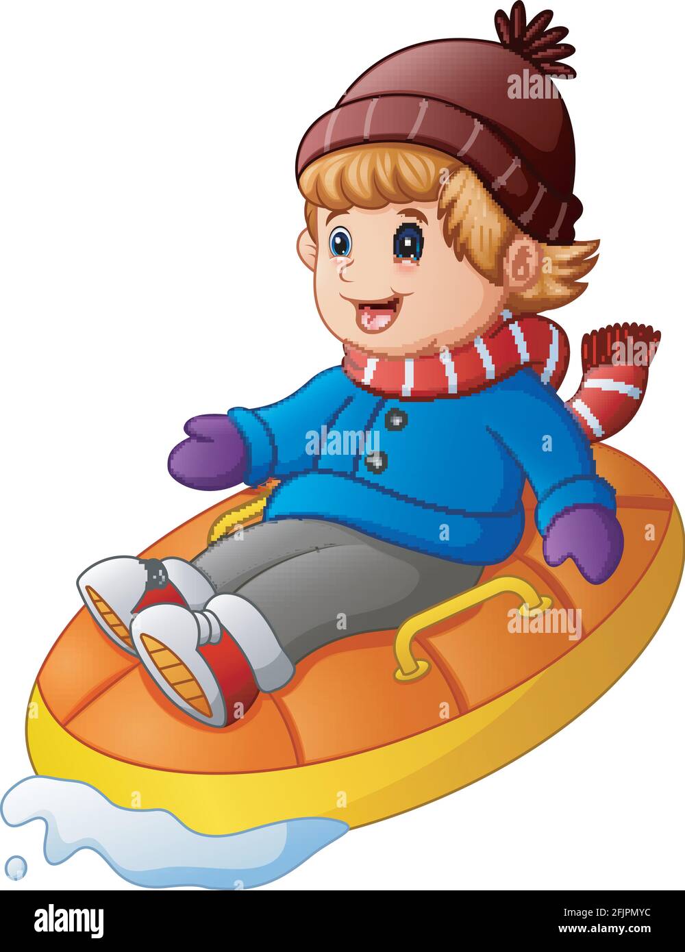 Vector illustration of Cartoon happy boy riding an inflatable sled ...
