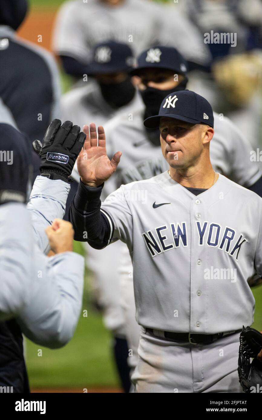 New York Yankees left fielder Brett Gardner (11) celebrates a win after an  MLB regular season game against the Cleveland Indians, Thursday, April 22nd  Stock Photo - Alamy