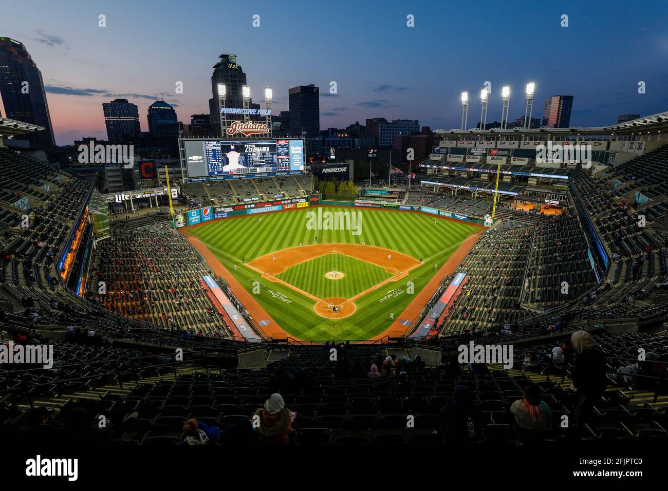 General view of Progressive Field during an MLB regular season game between the New York Yankees and Cleveland Indians, Thursday, April 22nd, 2021, in Stock Photo