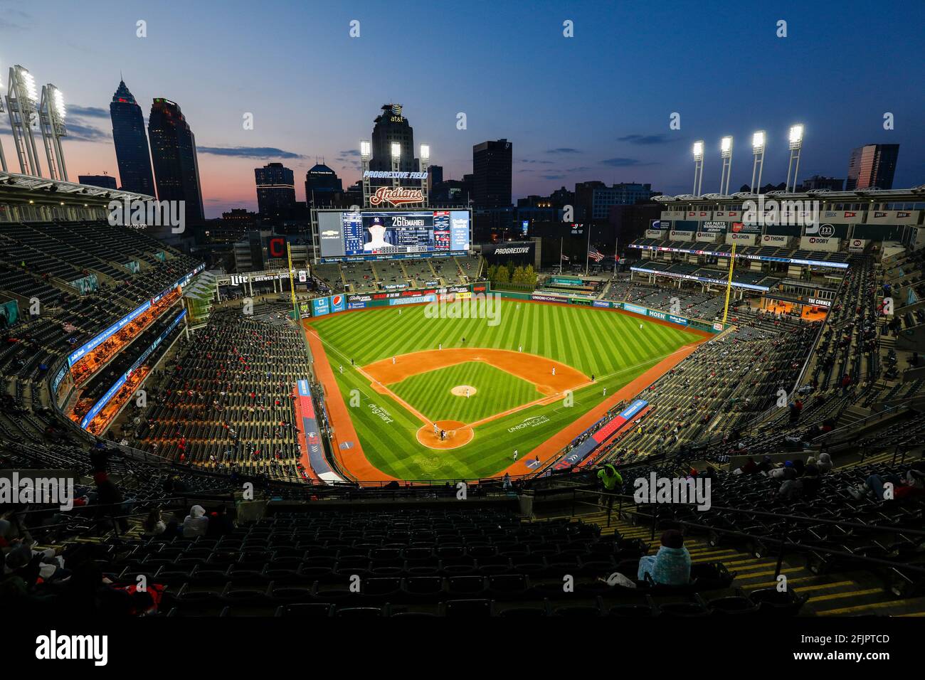 General view of Progressive Field during an MLB regular season game between the New York Yankees and Cleveland Indians, Thursday, April 22nd, 2021, in Stock Photo