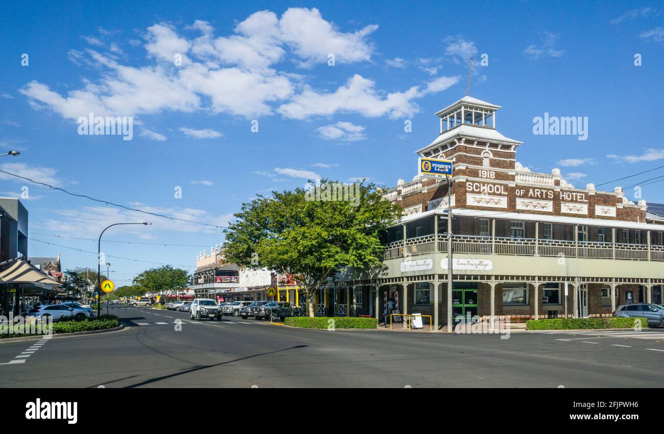 view of McDowall Street in Roma CBD, with School of Arts Hotel, Roma, Maranoa Region, Queensland, Australia Stock Photo