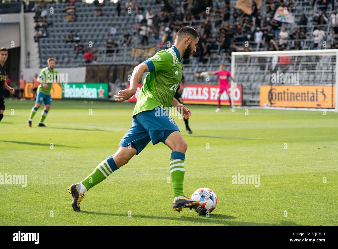 Seattle Sounders midfielder Alex Roldan (16) during a MLS match against the Los Angeles FC, Saturday, April 24, 2021, in Los Angeles, CA. LAFC and the Stock Photo
