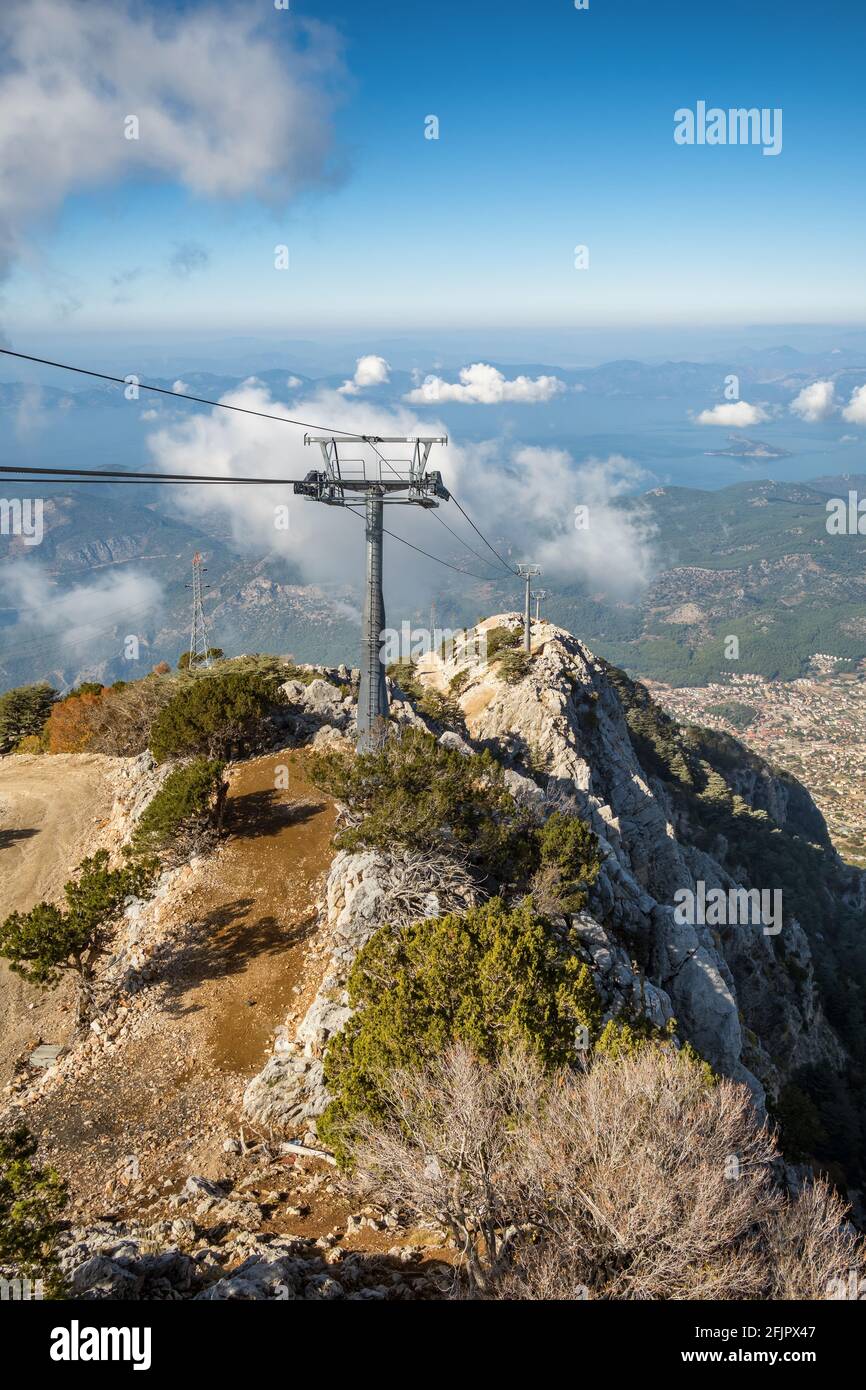 Babadag mountain with cable car to Oludeniz and Fethiye cities in Turkey. Stock Photo